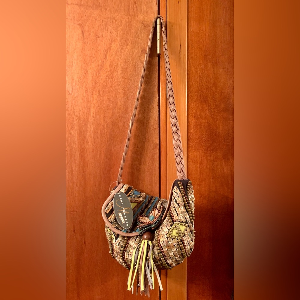 Mary Frances Beaded Handbag Crossbody Boho Leather Flap Front NWT